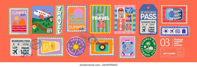 Italian summer mediterranean postage stamps about travel and vacation. Vector illustration of beach, airplane, suitcase, waves, boarding pass, stamp, canned sardine, for icons and stickers
