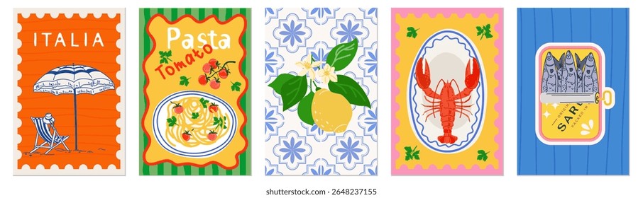 Italian summer Mediterranean postage stamps. International illustration featuring Mediterranean Italian blue tiles, lemons, sardines, beach, and lobster for a poster, postcard, or background. Vector
