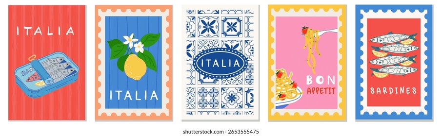 Carimbos postais italianos de verão no Mediterrâneo. Ilustração internacional com azulejos azuis italianos mediterrânicos, limões, sardinhas, praia e lagosta para um cartaz, cartão postal ou fundo.