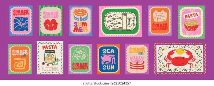 Italian summer mediterranean trendy postage stamps. Vector illustration of beach, lemons, sun, flowers, waves doodle, pasta, canned sardine, lobster, fish, sea for icons and stickers.