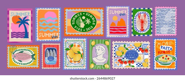 Italian summer mediterranean trendy postage stamps. Vector illustration of beach, waves doodle, canned sardine, antique bust, lobster, fish, pasta, nautical seal, sea and ocean for icons and stickers