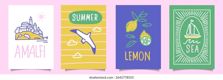 Italian summer minimalistic mediterranean cards or posters set. Dolce vita naive drawing collection. Elegant line clipart in bold sketch style. Vector doodle illustration