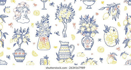 Italian summer pattern. Seamless lemon from Italy print. Coastal Mediterranean sea hand drawn bg. Italian summer beach seamless pattern. Amalfi lemon coast stamp print. Watercolor vacation background