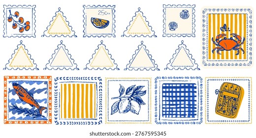 Italian summer postcard design with lemon pattern, vintage postage stamp frame, and Mediterranean seafood illustrations in watercolor crayon style. Ornamental borders in chalk trendy Italian style