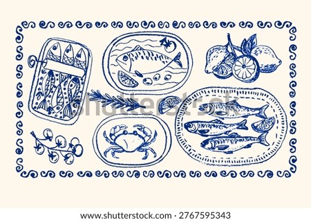 Italian summer postcard design with lemon pattern, vintage postage stamp frame, and Mediterranean seafood illustrations in watercolor crayon style. Ornamental borders in chalk trendy Italian style