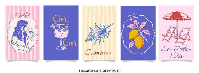 Italian summer postcard set with lemons, cocktails, shell, wine, girl, beach chairs, umbrella, handwritten text, pastel colors, La Dolce Vita theme, vector illustration collection