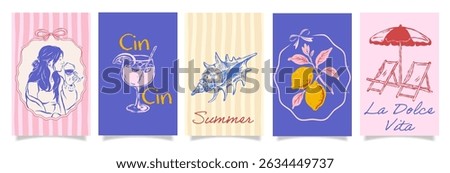 Italian summer postcard set with lemons, cocktails, shell, wine, girl, beach chairs, umbrella, handwritten text, pastel colors, La Dolce Vita theme, vector illustration collection