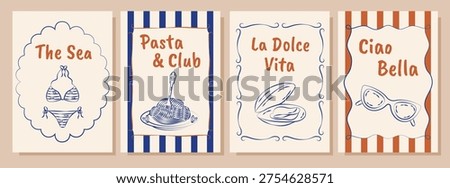 Italian summer posters and cards in hand drawn whimsical style. Mediterranean. La Dolce Vita. Amalfi coast.