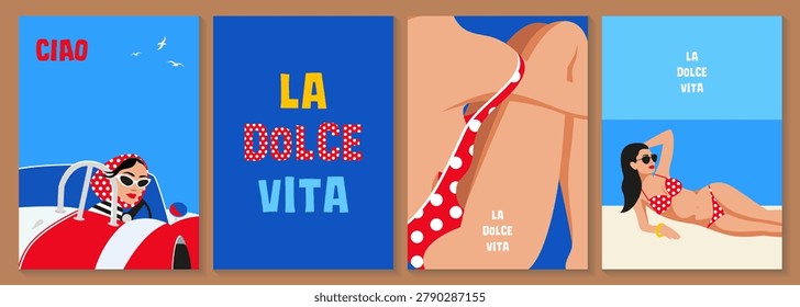 Italian summer retro poster set with woman in red polka dot bikini and Mediterranean beach vacation illustrations	