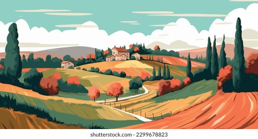 Italian Summer Scenery  Hand drawn Vector Art of Rural Landscape