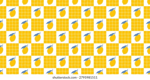 Italian summer seamless checkered pattern with lemons. Irregular hand drawn grid on yellow checkerboard background. Trendy Mediterranean print for fabric, textile and tablecloth. Vector illustration