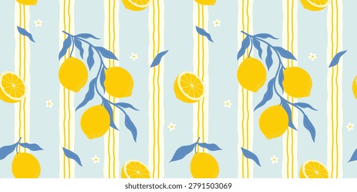 Italian summer seamless pattern with lemons on irregular striped background. Print for textile and tablecloth. Mediterranean citrus fruits design. Italian vacation aesthetic. Vector illustration