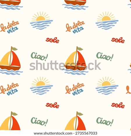 Italian summer seamless patterns set with Mediterranean lifestyle icons