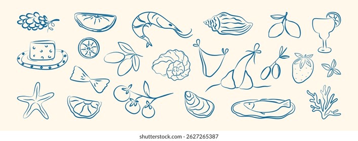 set de verão italiano. Mão desenhada doodle frutos do mar gregos, costa mar elementos para cartaz, menu Itália, cartaz. Coastal Greece alimentos, ostra, azeitona, limão, concha, camarões. Ilustração do vetor de tinta Amalfi.