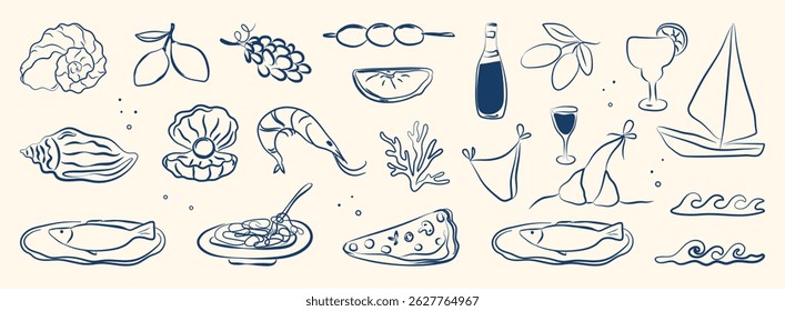 set de verão italiano. Mão desenhada doodle frutos do mar gregos, costa mar elementos para cartaz, menu Itália, cartaz. Coastal Greece alimentos, ostra, azeitona, limão, coral, concha, vinho de garrafa. Ilustração de vetor de tinta.