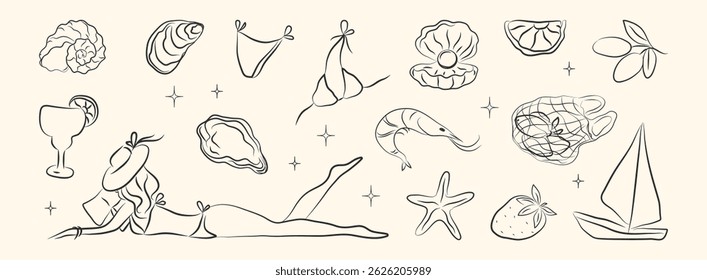 Verão italiano com mulher. Frutos do mar gregos desenhados à mão, elementos do mar da costa para cartaz, menu da Itália, cartaz. Coastal Greece alimentos, ostra, azeitona, limão, concha. Ilustração de vetor de tinta.