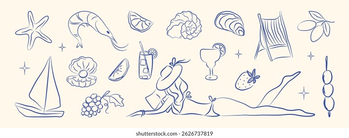 Verão italiano com mulher. Mão desenhada doodle frutos do mar gregos, costa mar elementos para cartaz, menu Itália, cartaz. Coastal Greece alimentos, ostra, azeitona, limão, concha. Ilustração de vetor de tinta.