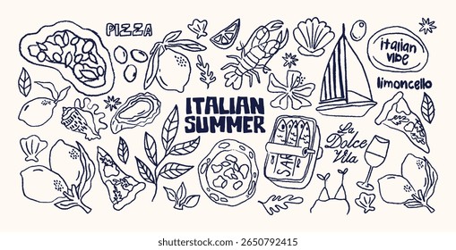 Adesivos de verão italianos em estilo de desenho animado retro. Símbolos de férias: pizza, vinho, limão, mar. Conceito de La Dolce Vita com comida de verão e lazer na praia. Ilustração em estilo de rabisco linear desenhado à mão.
