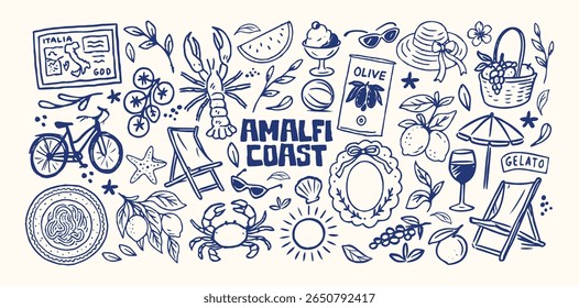 Adesivos de verão italianos em estilo de desenho animado retro. Símbolos de férias: pizza, vinho, limão, mar. Conceito de La Dolce Vita com comida de verão e lazer na praia. Ilustração em estilo de rabisco linear desenhado à mão.