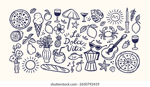 Adesivos de verão italianos em estilo de desenho animado retro. Símbolos de férias: pizza, vinho, limão, mar. Conceito de La Dolce Vita com comida de verão e lazer na praia. Ilustração em estilo de rabisco linear desenhado à mão.