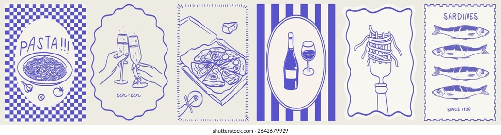 Ilustrações de rabiscar de férias de verão italiano em quadros. Tinta vetorial desenhada à mão Itália elementos de comida de vinho. Impressão de fim de semana de verão para convites, cartões, cartaz ou cartaz com pizza, massa e sardinhas.