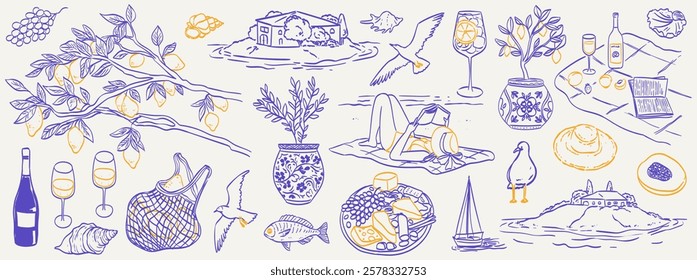 Italian summer vacation doodle style illustration set. Vector ink hand drawn Italy coast sea or beach print elements. Sea weekend or rest collection for invitations to beach party, picnic, wedding.