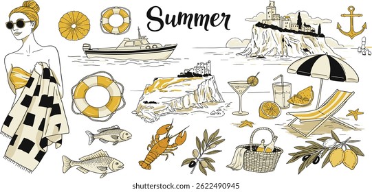 Italian summer vacation doodle style illustrations. Vector ink hand drawn Italy coast sea or beach print elements.