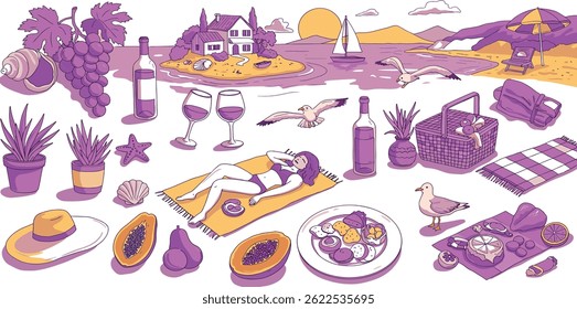 Italian summer vacation doodle style illustration set. Vector ink hand drawn Italy coast sea or beach print elements. 