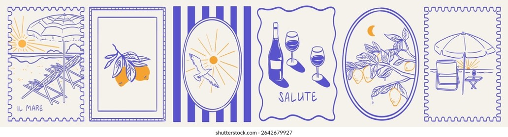 Ilustrações em estilo doodle italiano férias de verão em quadros. Vetor tinta mão desenhado costa Itália mar, limões, vinho e elementos de comida. Impressão de fim de semana marítimo para convites, cartões, cartaz, carimbo ou cartaz.