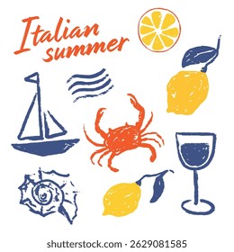 Italian summer vacation illustration set. Vector hand drawn summer elements in grunge rough doodle sketch style. Sea weekend chalk charcoal style drawings for poster, card or sticker.