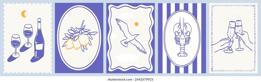 Italian summer vacation placard, poster or cards with doodle style illustrations. Vector ink sketch hand drawn Italy or Greek coast sea, wine, lobster and lemons print elements for invitation cards.