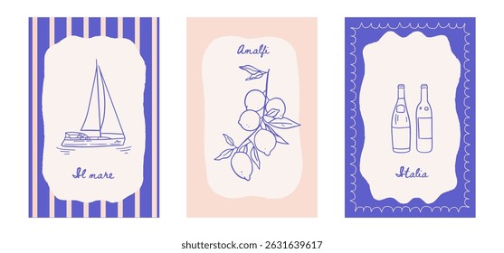 Italian summer vacation posters set in minimal ink hand drawn style. Vector Mediterranean coast sea vibe or beach printable placards. Sea weekend or rest drawings for cafe or restaurant decor