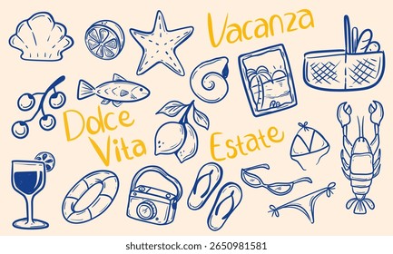 Italian Summer Vacation Vector Elements icon or emblems. Hand Drawn Grunge Holiday Illustration simple style for poster, place card print.