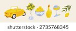 Italian summer vector set with yellow vintage car, lemon tree in ceramic pot, bowl of citrus, limoncello bottle, and wine glass; Mediterranean vacation icons in a flat hand-drawn textured style.