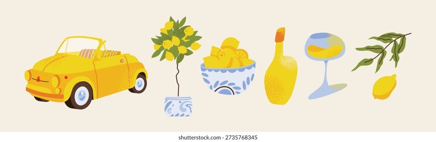 Italian summer vector set with yellow vintage car, lemon tree in ceramic pot, bowl of citrus, limoncello bottle, and wine glass; Mediterranean vacation icons in a flat hand-drawn textured style.