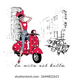 Italien été vibes fille sur scooter avec tour de Pise illustration dessinée à la main pour la conception de t-shirt. vêtement, impression, affiche, autocollant