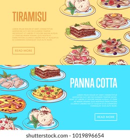 Italian sweet menu flyers with national cuisine dishes. Pizza, pasta with shrimp, ravioli, tiramisu, frittata, spaghetti bolognese, lasagna, panna cotta. Restaurant advertising vector illustration.