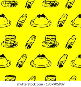 Italian sweets, seamless pattern, tiramisu, panacotta and canolli, vector illustration, hand drawing, yellow color