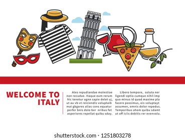 Italian symbols and text sample in block poster with headline. Tower and monumental architecture buildings, transportation in cities, traditional drinks food vector illustration isolated on blue