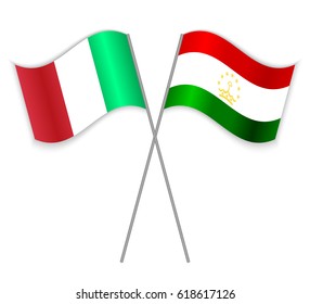 Italian and Tajikistani crossed flags. Italy combined with Tajikistan isolated on white. Language learning, international business or travel concept.