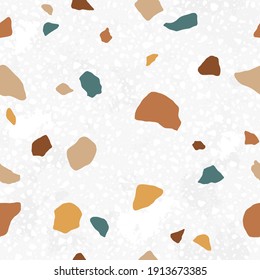Italian terrazzo seamless pattern. Trendy endless texture design with repeatable scattered stone fragments of organic irregular shapes. Modern floor tile. Colored vector background at neutral colors