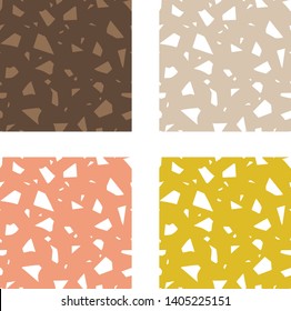 Italian terrazzo, set of abstract seamless patterns. Vector paper cut handcrafted colorful textures. Modern trend illustration.