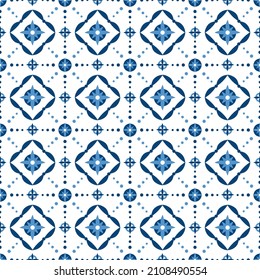 Italian tile pattern seamless vector. Portuguese azulejos, Mexican talavera, Spanish, Sicily majolica or dutch Delft blue. Abstract background for ceramic kitchen wall or bathroom mosaic floor.