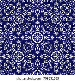 Italian tile pattern vector with blue and white ornaments. Portuguese azulejo, mexican talavera, spanish majolica or delft dutch motifs. Tiled ceramic texture for kitchen wall or bathroom flooring.