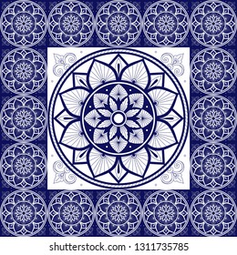 Italian tile pattern vector with floral print. Big floor ceramic element in frame. Mosaic background with portugal azulejos, mexican talavera, sicily majolica, spanish, moroccan, delft dutch motifs.