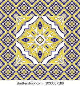 Italian tile pattern vector with flower ornaments. Yellow big texture tiled element in center with frame. Portuguese azulejo ceramic, mexican talavera, spanish majolica, venetian mosaic porcelain.