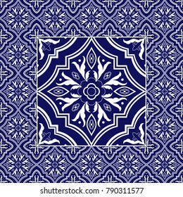 Italian tile pattern vector ornaments. Flower big texture element in center with frame. Portuguese azulejo, mexican talavera, spanish majolica, venetian mosaic, porcelain or delft dutch ceramic.