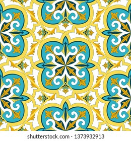 Italian tile pattern vector with parquet ornaments. Portugal azulejos, mexican talavera, moroccan arabic, spanish ceramic, sicily majolica. Mosaic background for kitchen wall or bathroom floor.