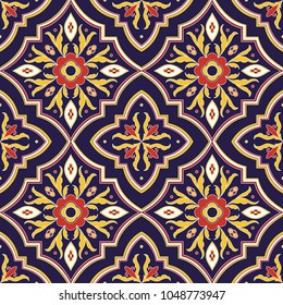 Italian tile pattern vector seamless with floral ornaments. Portuguese azulejo, mexican talavera, spanish, sicily majolica motif. Tiled background for ceramic kitchen wall or bathroom mosaic floor.