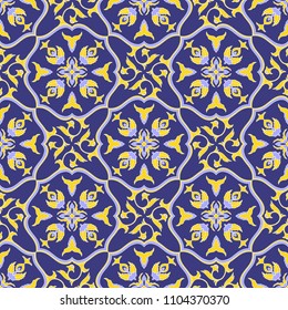 Italian tile pattern vector seamless with baroque ornaments. Portuguese azulejo, mexican talavera, spanish ceramic, sicily majolica. Tiled texture background for mosaic kitchen or bathroom wallpaper.